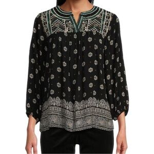 Nurture by Westbound 3/4 Sleeve Embroidered Boho Notch Collar Top Size L